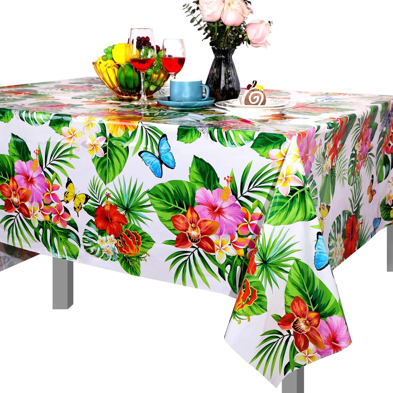 2 Pcs Large Summer Floral Table Cloth Hawaiian Tropical Tablecloth Hawaiian Decoration Disposable Butterfly Tablecloth